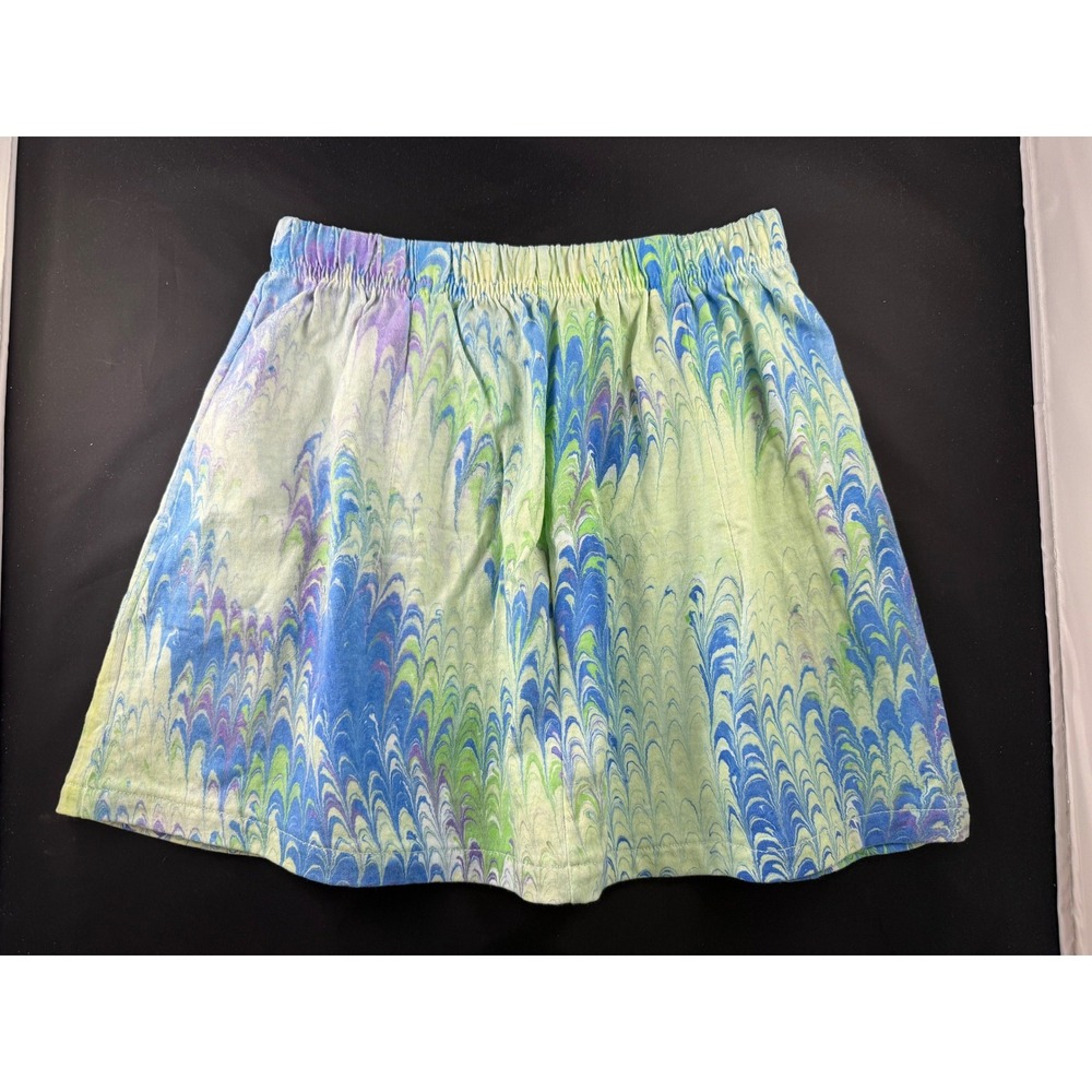 Shirleighs Marbled Art Kids Cotton Skirt Blue Green Swirl Handmade Size S USA
